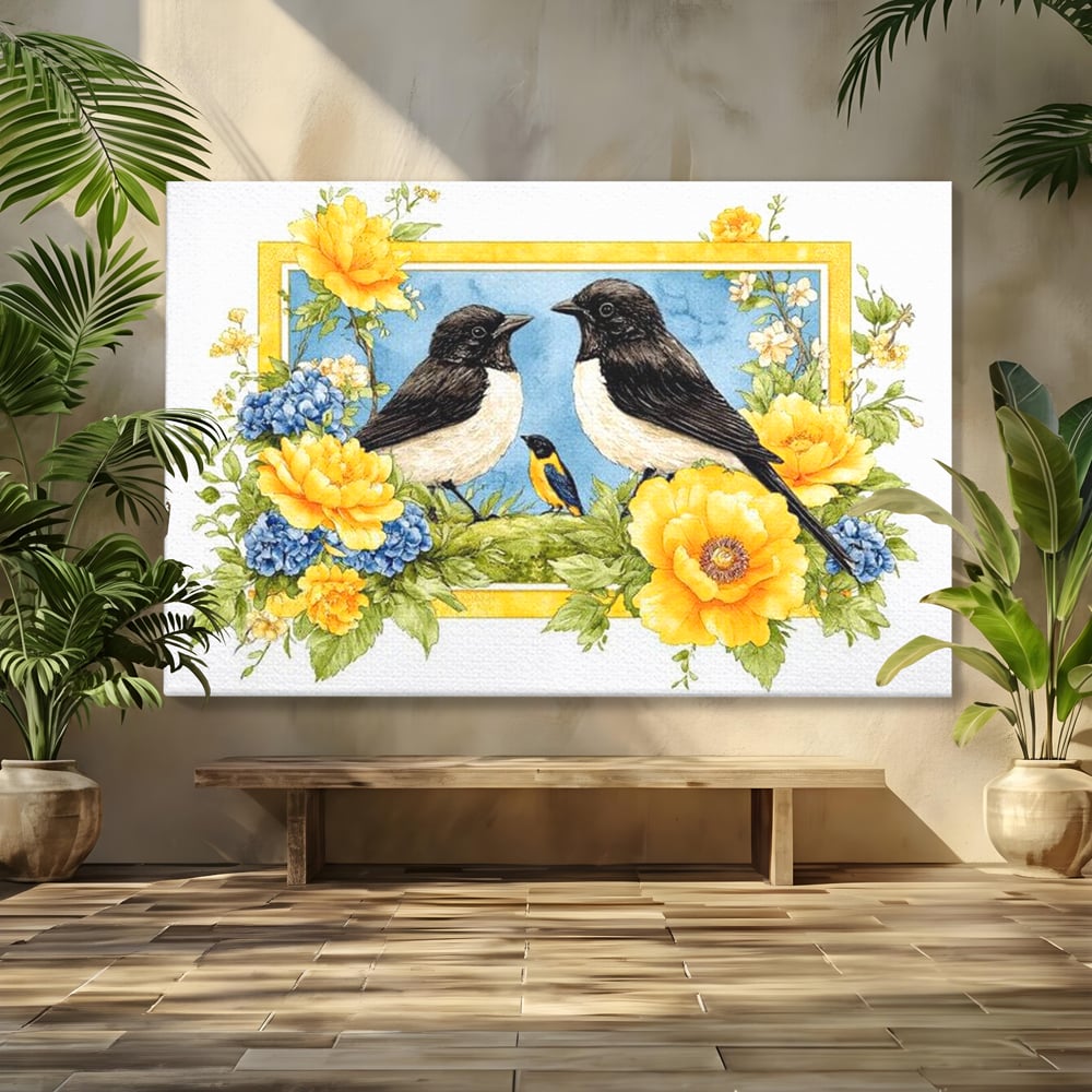 Tablou canvas cu tablou canvas cu pasari si flori, fara rama, pe sasiu de lemn